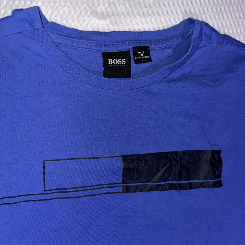 Hugo Boss Blue Logo Stripe Crew Neck T-Shirt Mens Small cotton